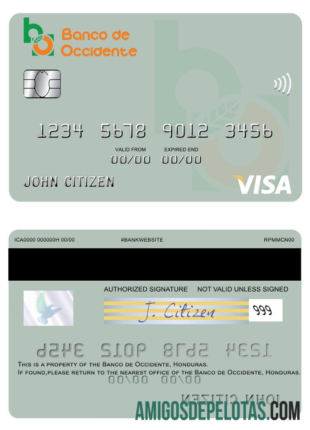 Cartão Visa do Banco do Oeste de Honduras exemplo